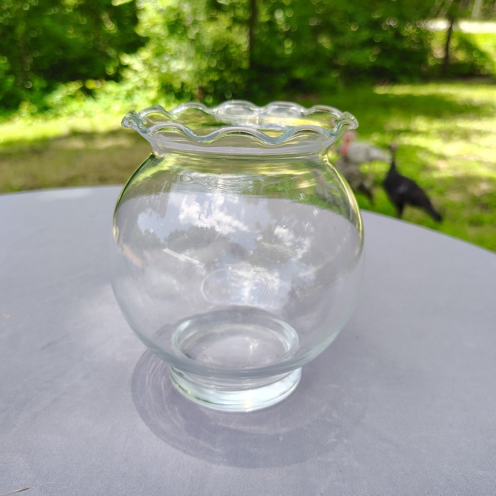 Vintage 5.5" Crimped Ivy Bowl Vase Clear Glass Ruffled Rim